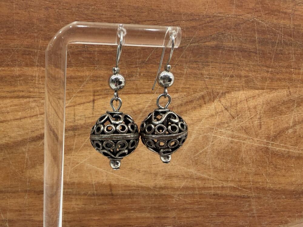 Vintage Filigree Ball Dangle Earrings Silver Tone Openwork Pierced Boho